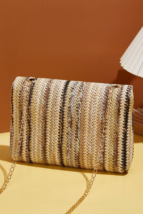 Bohemian Woven Straw Chain Strap Flap Shoulder Bag