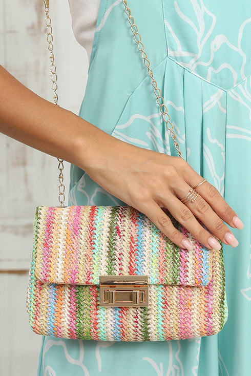 Bohemian Woven Straw Chain Strap Flap Shoulder Bag
