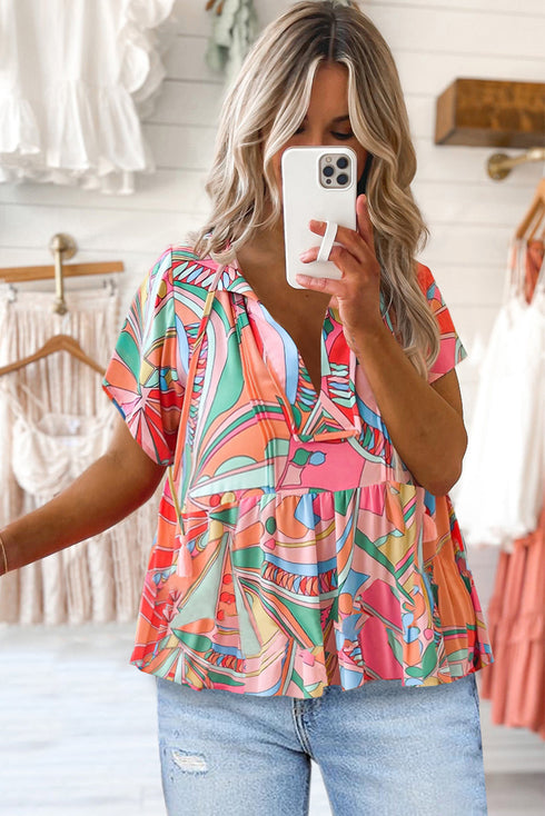 Boho Abstract Pattern Split V Neck Flowy Blouse