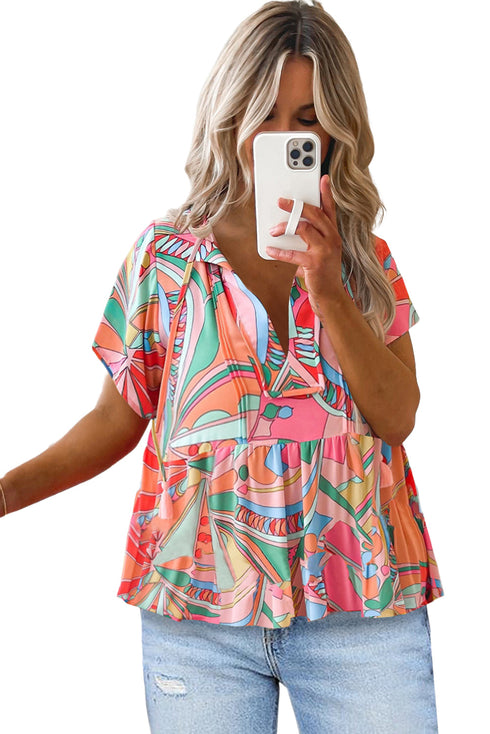 Boho Abstract Pattern Split V Neck Flowy Blouse