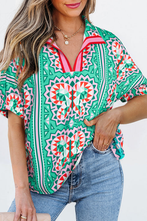 Boho Abstract Print Collared V Neck Relaxed Fit Statement Blouse