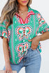 Boho Abstract Print Collared V Neck Relaxed Fit Statement Blouse