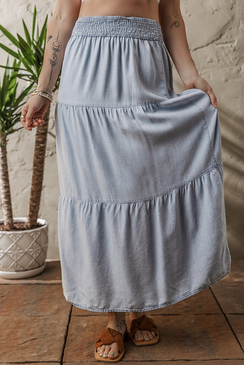 Boho Chic Tiered Smocked High Waist Flowy Denim Look Maxi Skirt