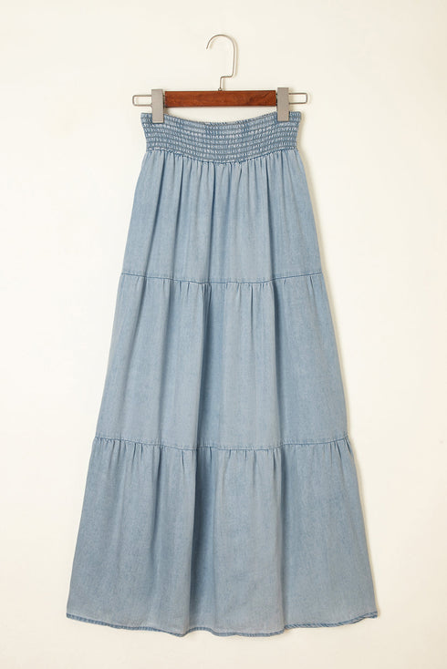 Boho Chic Tiered Smocked High Waist Flowy Denim Look Maxi Skirt