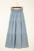 Boho Chic Tiered Smocked High Waist Flowy Denim Look Maxi Skirt