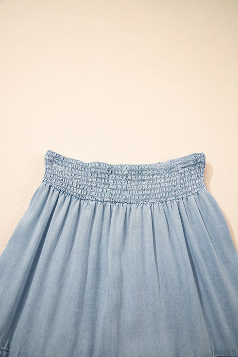 Boho Chic Tiered Smocked High Waist Flowy Denim Look Maxi Skirt