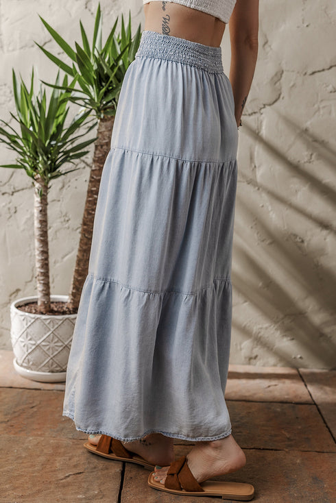 Boho Chic Tiered Smocked High Waist Flowy Denim Look Maxi Skirt