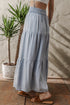 Boho Chic Tiered Smocked High Waist Flowy Denim Look Maxi Skirt