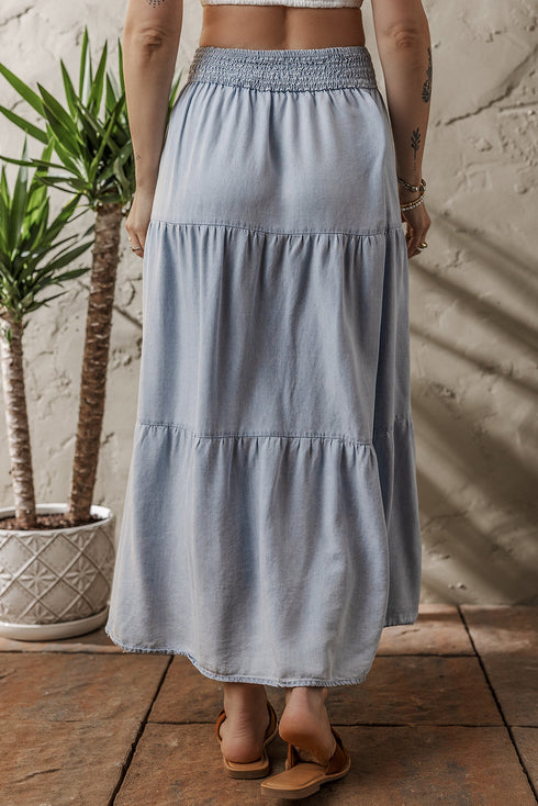 Boho Chic Tiered Smocked High Waist Flowy Denim Look Maxi Skirt