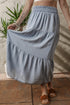 Boho Chic Tiered Smocked High Waist Flowy Denim Look Maxi Skirt