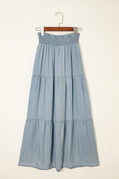 Boho Chic Tiered Smocked High Waist Flowy Denim Look Maxi Skirt