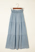 Boho Chic Tiered Smocked High Waist Flowy Denim Look Maxi Skirt