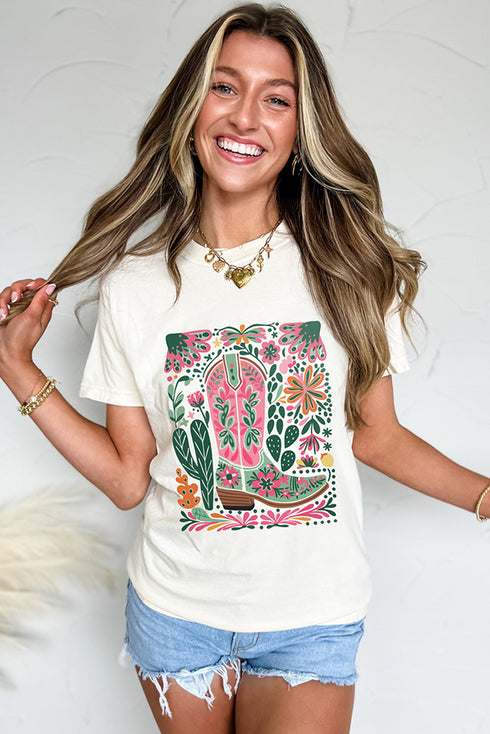 Boho Cowboy Boot With Flowers Graphic Print Casual Loose Crewneck Top