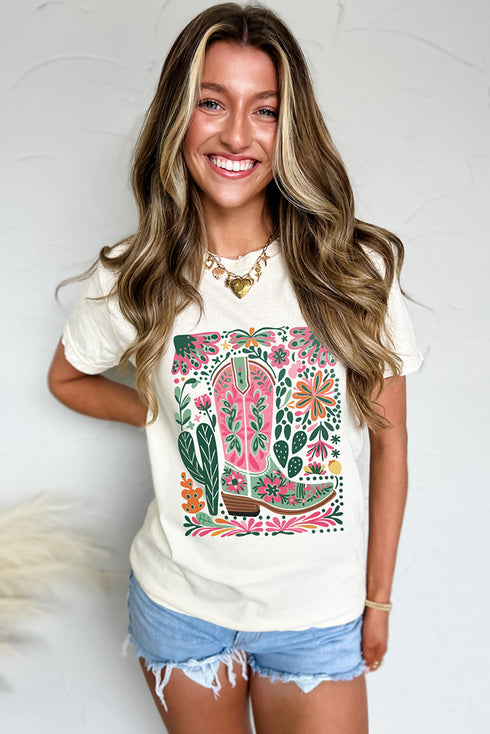 Boho Cowboy Boot With Flowers Graphic Print Casual Loose Crewneck Top