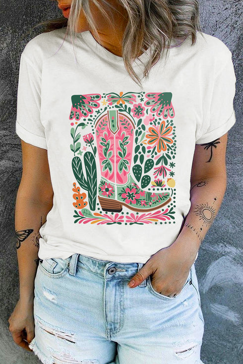 Boho Cowboy Boot With Flowers Graphic Print Casual Loose Crewneck Top