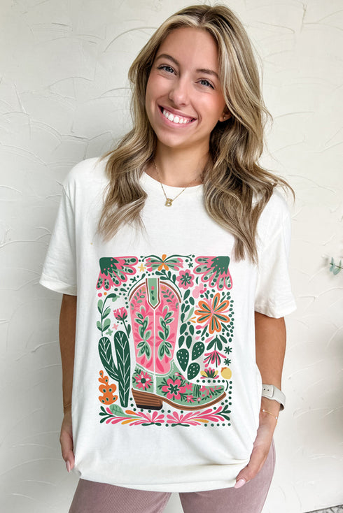 Boho Cowboy Boot With Flowers Graphic Print Casual Loose Crewneck Top