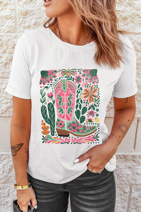 Boho Cowboy Boot With Flowers Graphic Print Casual Loose Crewneck Top
