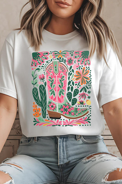 Boho Cowboy Boot With Flowers Graphic Print Casual Loose Crewneck Top