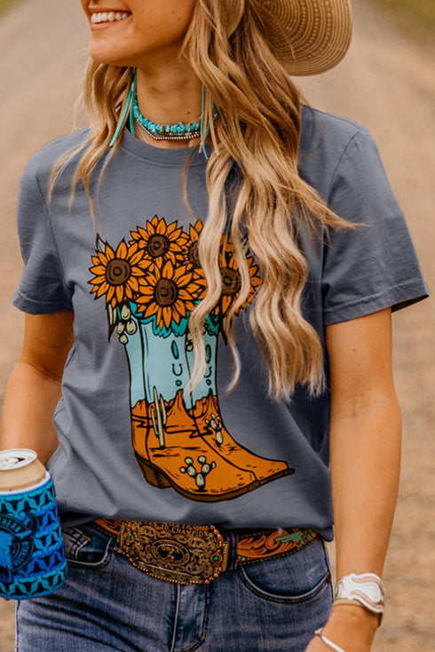 Boho Cowgirl Boots And Sunflowers Graphic Short Sleeve Tee