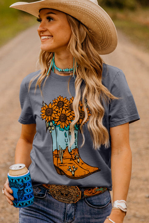 Boho Cowgirl Boots And Sunflowers Graphic Short Sleeve Tee