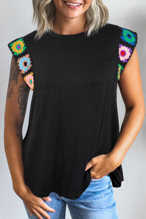 Boho Crochet Shoulder Detail Cap Sleeve Top