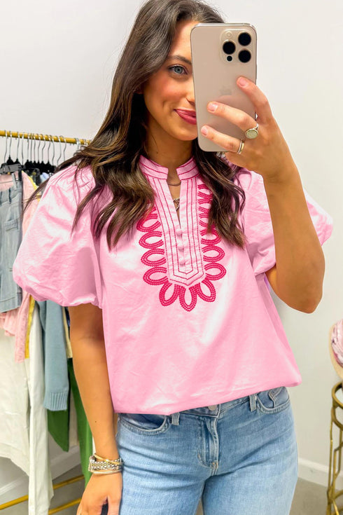 Boho Embroidered Detail Puff Sleeve Cotton Blouse
