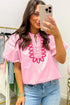 Boho Embroidered Detail Puff Sleeve Cotton Blouse