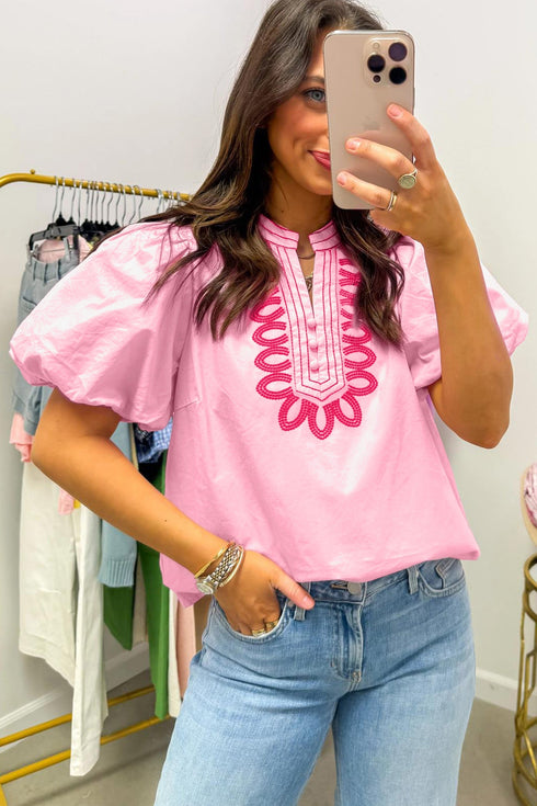 Boho Embroidered Detail Puff Sleeve Cotton Blouse