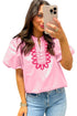 Boho Embroidered Detail Puff Sleeve Cotton Blouse