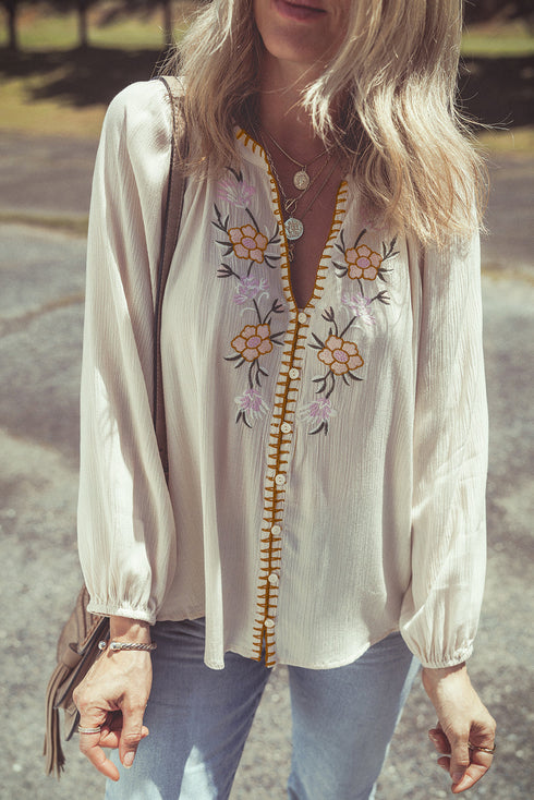 Boho Embroidered Split Neck Crinkle Woven Blouse