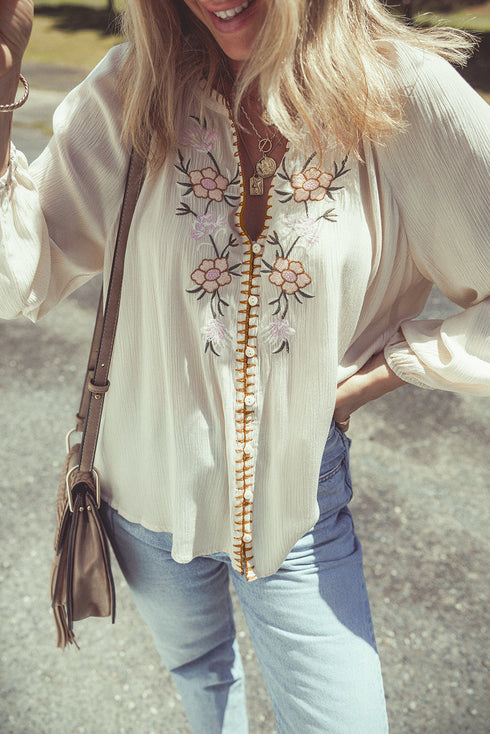 Boho Embroidered Split Neck Crinkle Woven Blouse