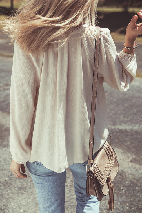 Boho Embroidered Split Neck Crinkle Woven Blouse