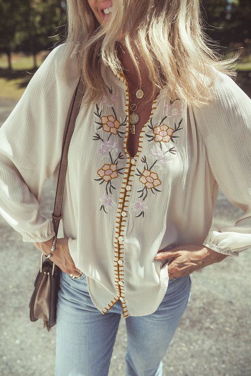 Boho Embroidered Split Neck Crinkle Woven Blouse