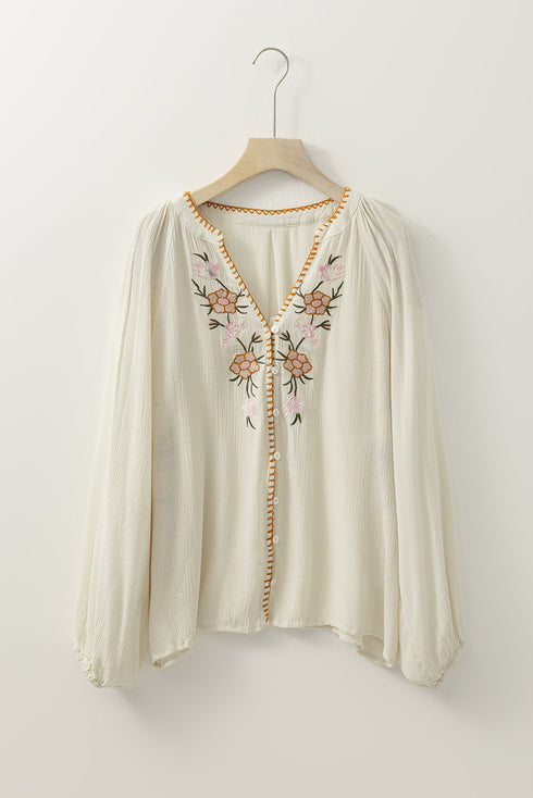 Boho Embroidered Split Neck Crinkle Woven Blouse