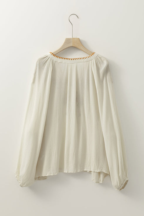 Boho Embroidered Split Neck Crinkle Woven Blouse