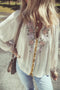 Boho Embroidered Split Neck Crinkle Woven Blouse