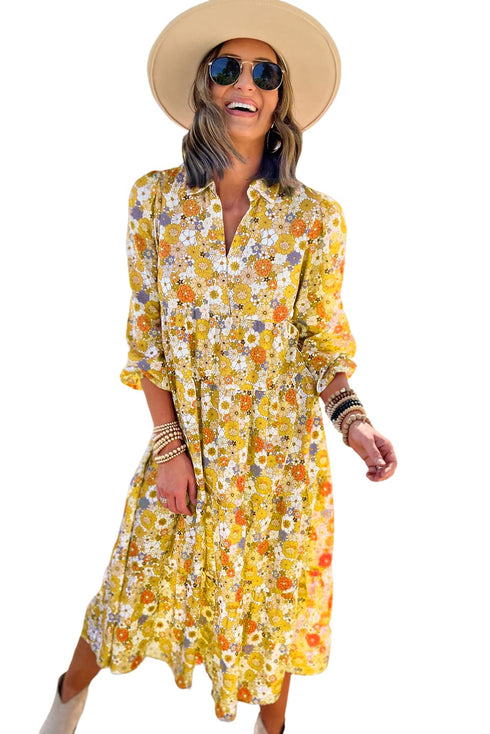 Boho Floral Collared Long Sleeve Ruffled Dress