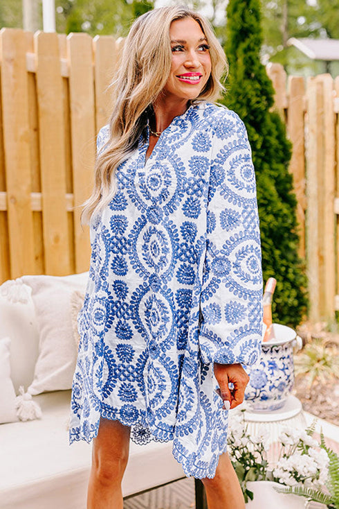 Boho Floral Embroidered Notch V Neck Shift Mini Dress