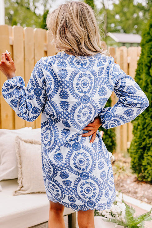 Boho Floral Embroidered Notch V Neck Shift Mini Dress