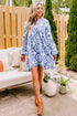 Boho Floral Embroidered Notch V Neck Shift Mini Dress