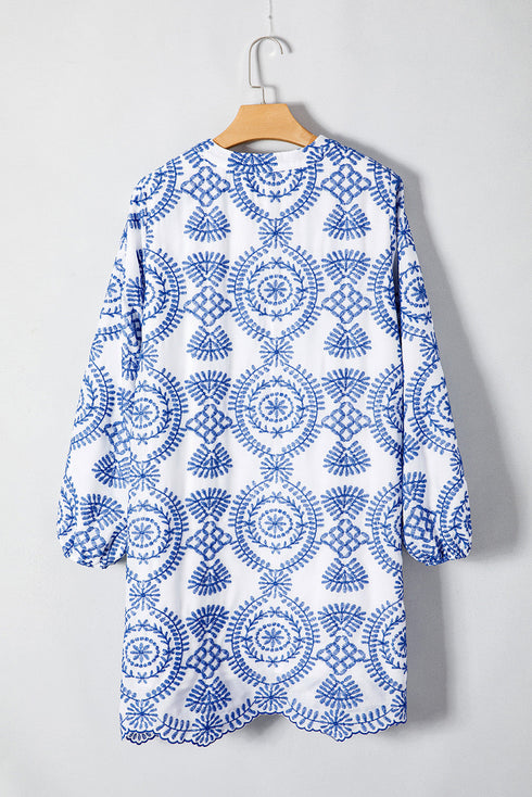 Boho Floral Embroidered Notch V Neck Shift Mini Dress