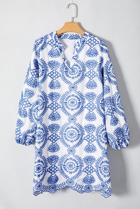 Boho Floral Embroidered Notch V Neck Shift Mini Dress