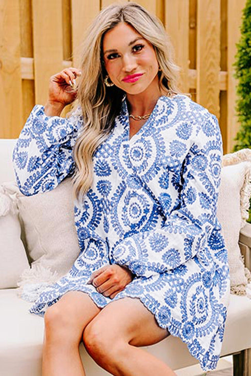 Boho Floral Embroidered Notch V Neck Shift Mini Dress