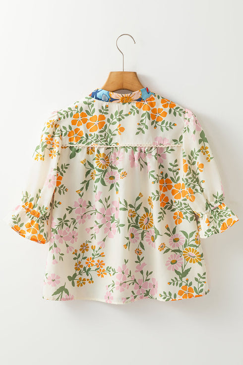 Boho Floral Patchwork Crochet V Neck Half Sleeve Blouse