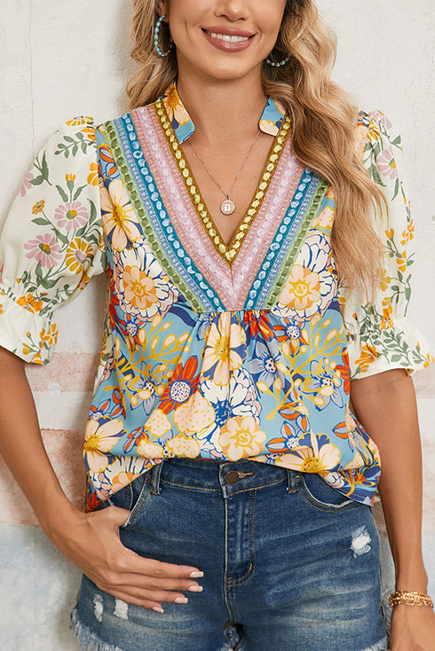 Boho Floral Patchwork Crochet V Neck Half Sleeve Blouse