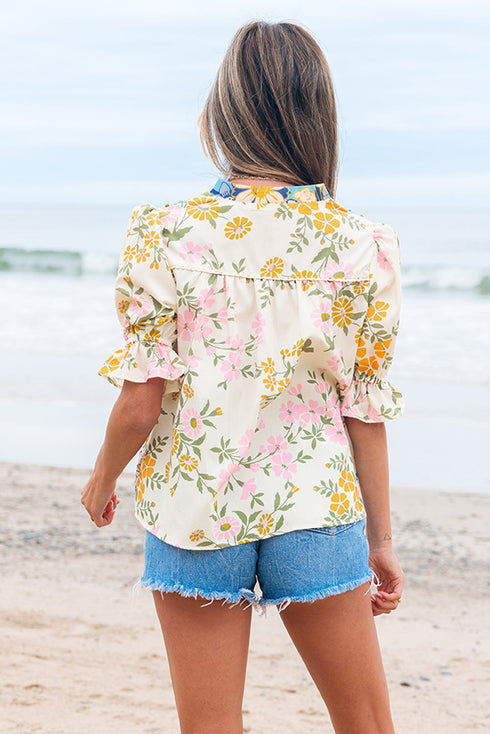 Boho Floral Patchwork Crochet V Neck Half Sleeve Blouse