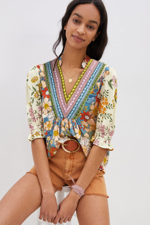 Boho Floral Patchwork Crochet V Neck Half Sleeve Blouse