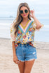 Boho Floral Patchwork Crochet V Neck Half Sleeve Blouse