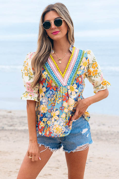 Boho Floral Patchwork Crochet V Neck Half Sleeve Blouse