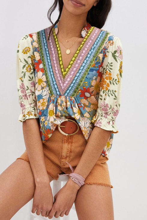 Boho Floral Patchwork Crochet V Neck Half Sleeve Blouse